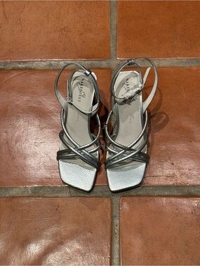 Naked Feet Metallic Silver Crisscross Slingback Heels